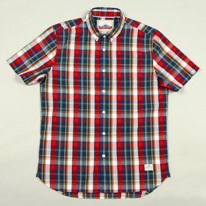 NWT Men's Penfield Plaid Print Rico Button Down Shirt in Red & Blue